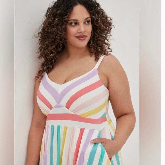 Torrid White&Multi Rainbow Stripe Supersoft Tiered Maxi Dress Sz.3 - Picture 3 of 14